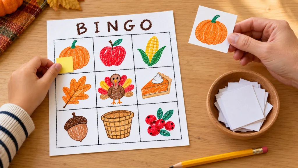 A child playing Thanksgiving bingo for kids marks a pumpkin while an adult holds up the matching calling card.