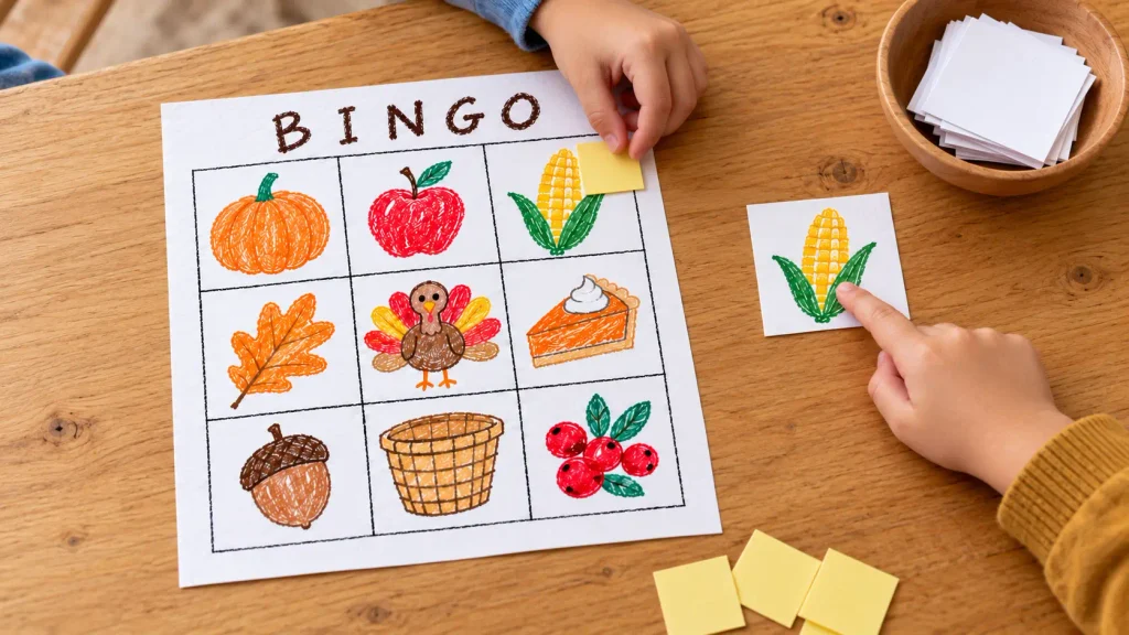 Two children playing Thanksgiving bingo for kids share one board, pointing to a corn calling card and marking its matching square.