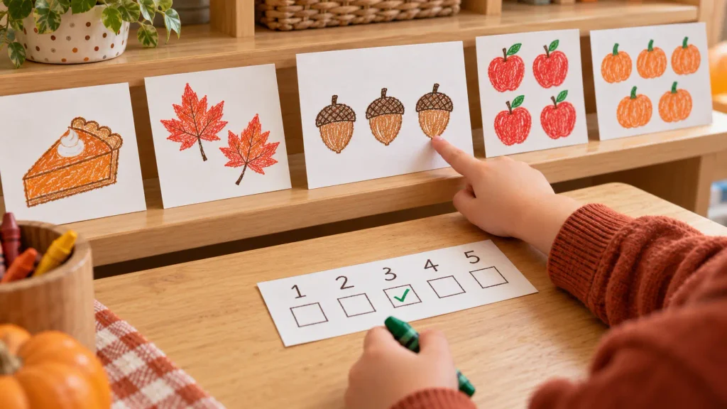 A child counts three acorns during a Thanksgiving scavenger hunt and marks the number 3 on a recording strip, with quantity cards showing groups from one to five.