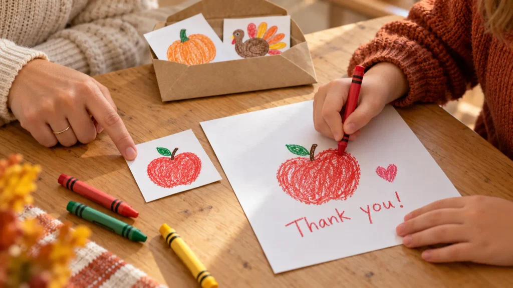 Child drawing an apple and “Thank you!” beside a matching picture card after a Thanksgiving scavenger hunt.