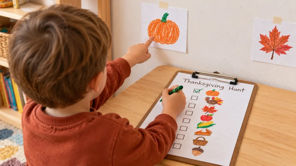 Child pointing to a pumpkin card on the wall beside a Thanksgiving scavenger hunt checklist with the pumpkin box checked.