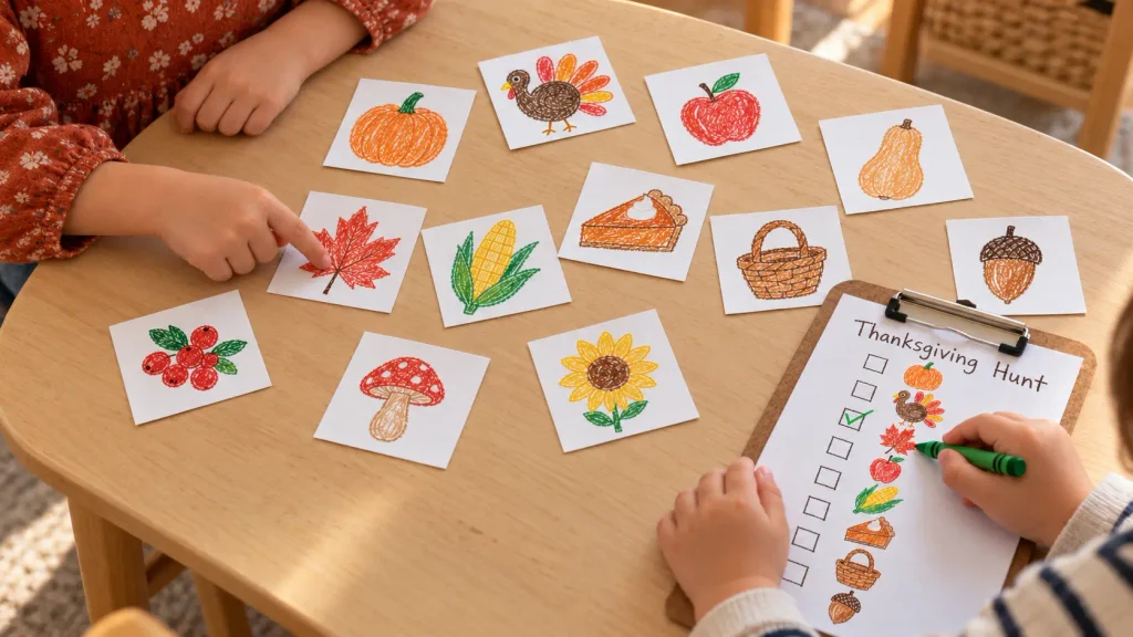 Two children play a tabletop Thanksgiving scavenger hunt, matching a leaf card to their shared checklist while leaving all picture cards available for other players.