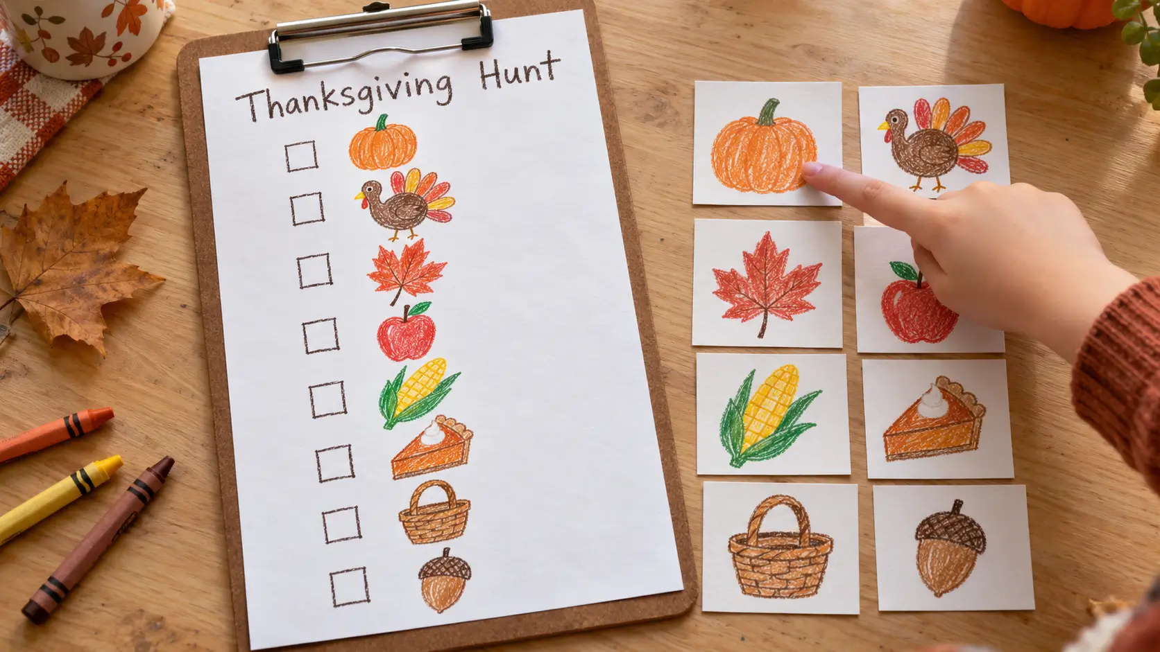 Homemade Thanksgiving scavenger hunt checklist beside eight matching picture cards, with a child pointing to the pumpkin.