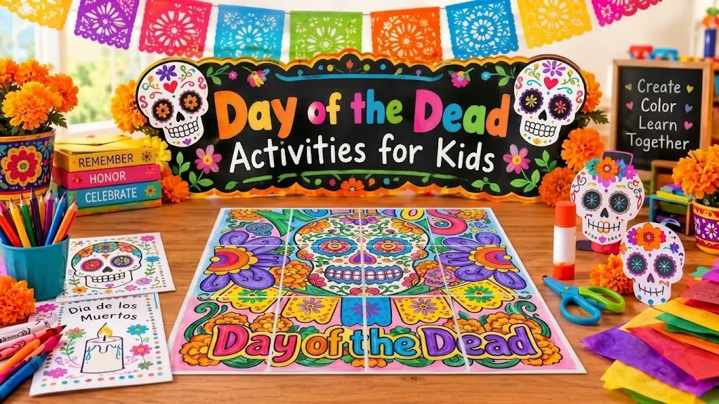 Kid-friendly illustrated classroom Ofrenda with marigolds and monarch butterflies showcasing the History of Day of the Dead for Elementary students.