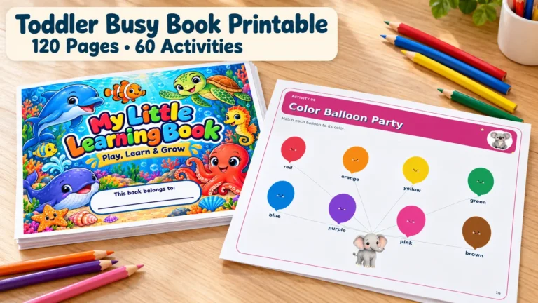 Toddler busy book printable showing the ocean-themed cover and Color Balloon Party matching activity on a wooden table.