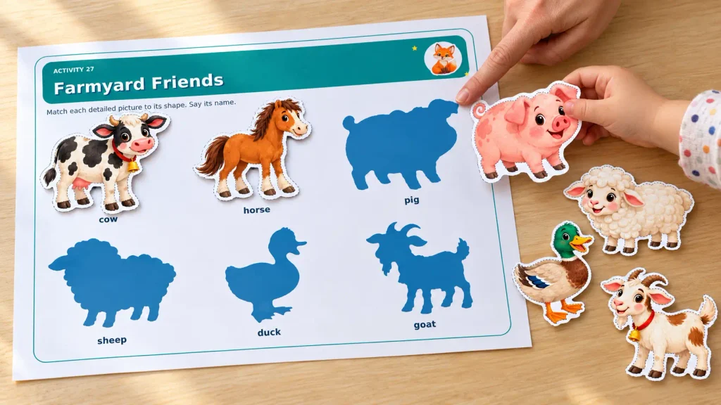 Child matching farm animal cutouts to their silhouettes on a toddler busy book printable with adult guidance.