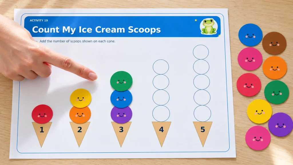 Practice counting with this toddler busy book printable, featuring the Count My Ice Cream Scoops activity and matching colorful cut-out pieces.
