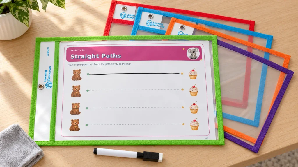 Reuse tracing pages from a toddler busy book printable with Learning Resources Write & Wipe Pockets, shown with the Straight Paths worksheet and a dry-erase marker.