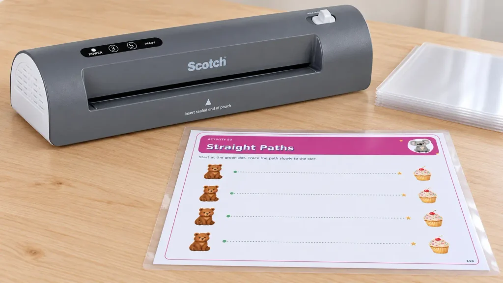 Prepare selected pages from a toddler busy book printable for repeated use with the optional Scotch TL901X thermal laminator, an adult preparation tool.