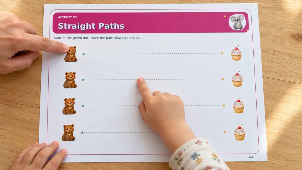 Explore a toddler busy book printable with the Straight Paths activity, inviting children to follow dotted lines from green starting dots toward golden stars.