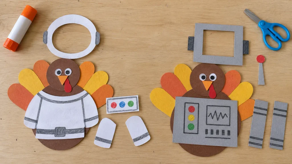 Astronaut and robot turkey disguise ideas in progress, with an open paper helmet, gray robot frame, and loose costume pieces
