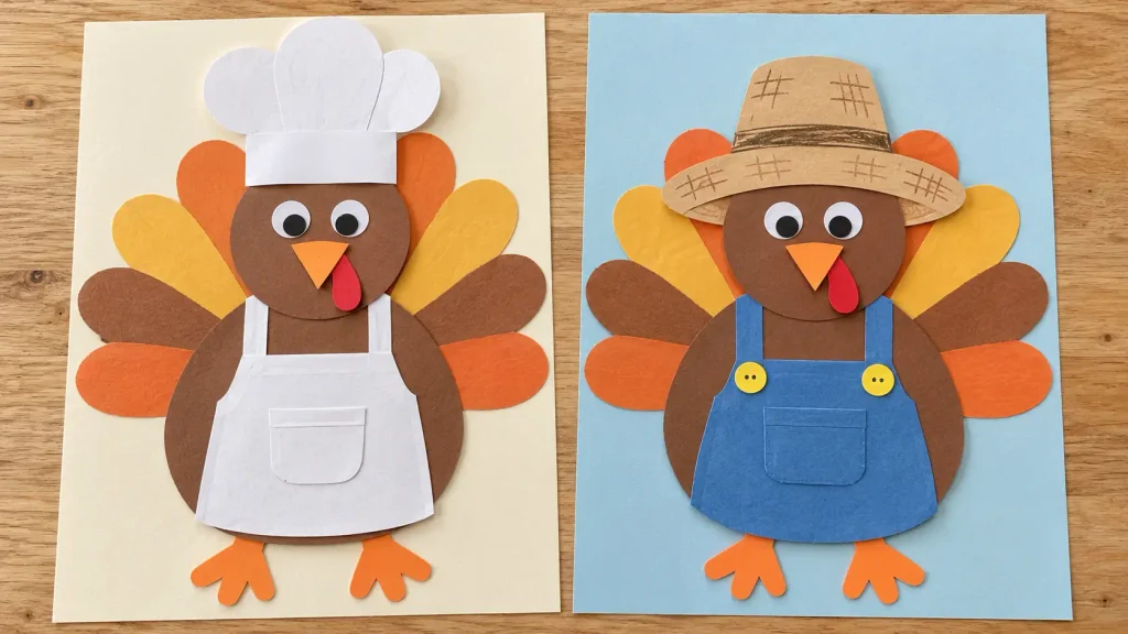 Paper turkey disguise ideas featuring a chef with a white hat and apron beside a farmer with a tan hat and blue overalls.