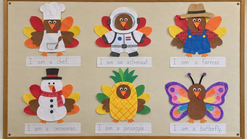 Six paper turkey disguise ideas displayed on a classroom board with short handwritten sentences beneath each craft.