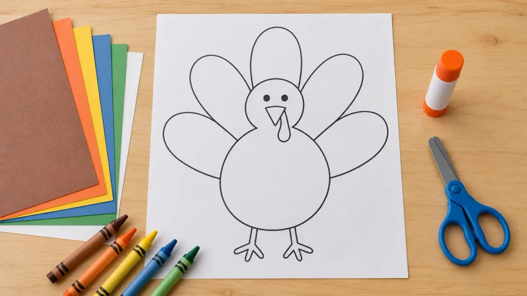 Hand drawn turkey outline with colored paper, crayons, scissors, and a glue stick for turkey disguise ideas.