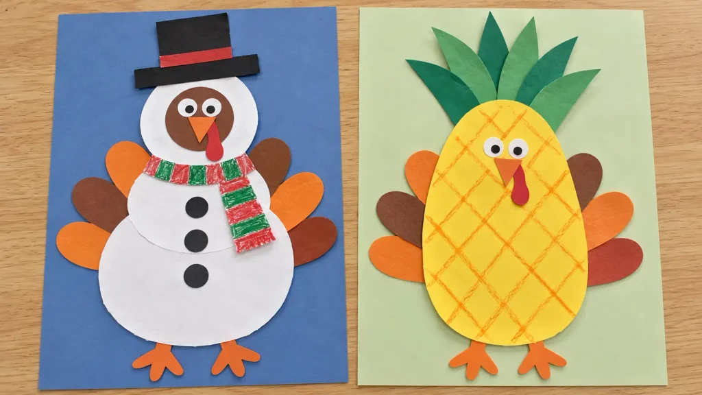 Paper turkey disguise ideas featuring a snowman with three white circles and a scarf beside a yellow pineapple with green leaves.
