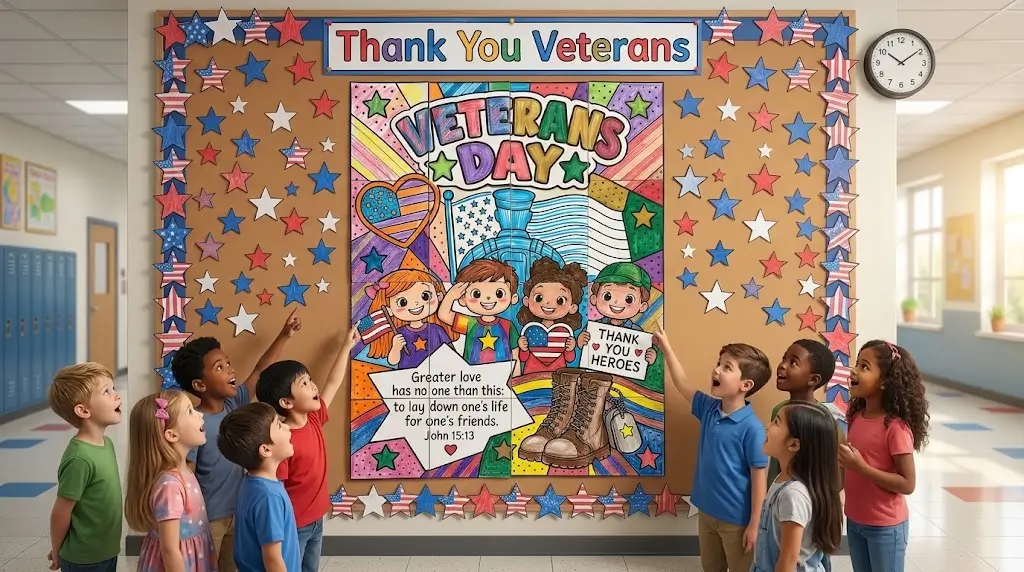 Veterans Day Collaborative Poster displayed on a bright school hallway bulletin board with elementary students