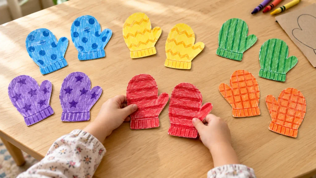 Child matching red striped paper mittens during indoor winter activities, with six colorful pairs on the table.