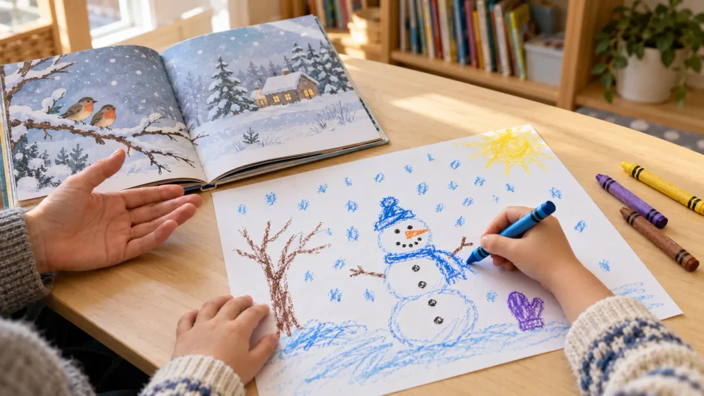 Winter activities for preschoolers with children decorating a paper snowman and counting paper snowballs.