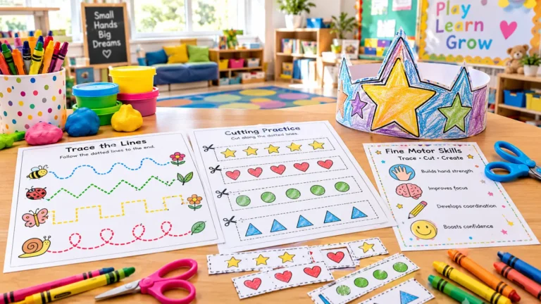 Preschool student fine motor skills worksheets featuring scissor control cutting strips, line tracing, and hand-colored craft templates.