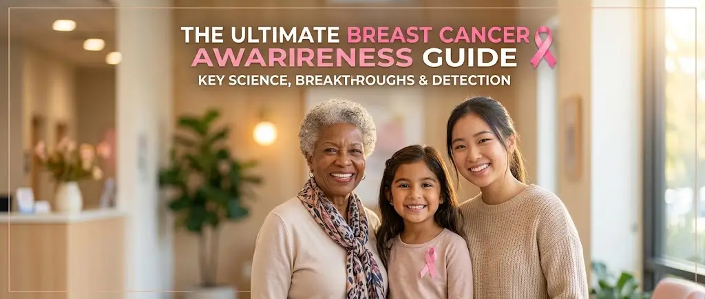Three diverse women smiling wearing pink ribbons for a breast cancer awareness guide