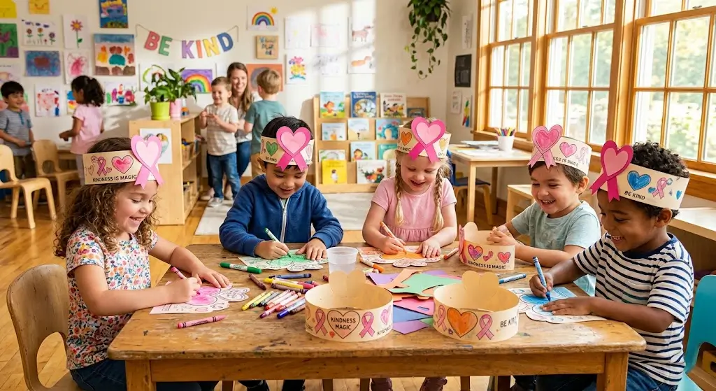 Preschool children working on kindness craft crowns suggested in a breast cancer awareness guide