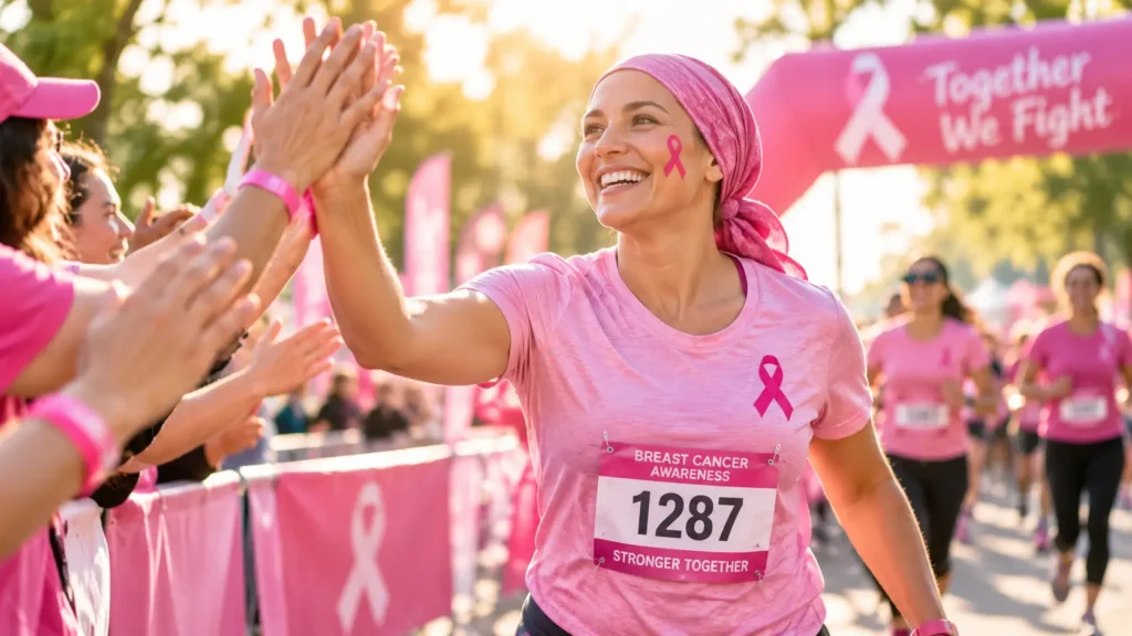 Breast cancer survivor participating in an awareness event supported by a breast cancer awareness guide