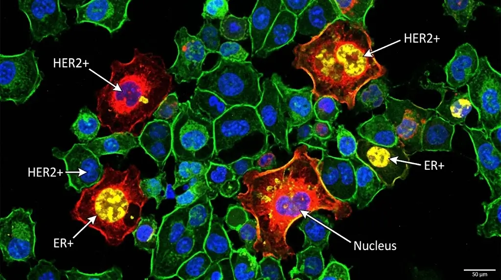 Microscopic view of breast cancer biomarkers explained in a breast cancer awareness guide