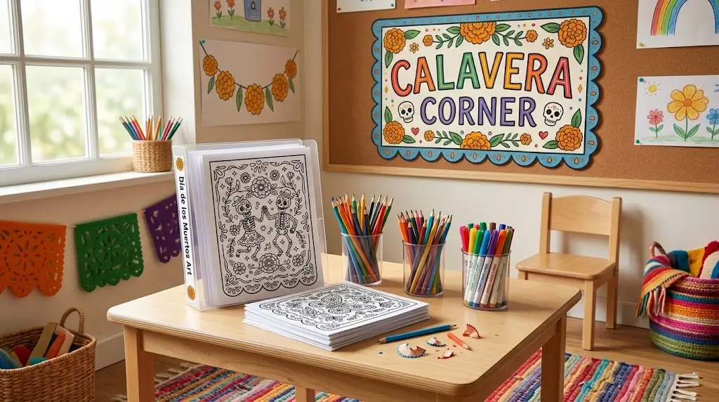 Early finisher station with a Sugar Skull Coloring Pages Printable and Day of the Dead Coloring Pages in a Calavera Corner