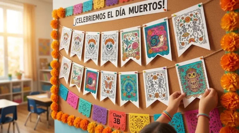 Day of the Dead Coloring Pages turned into a collaborative classroom banner on an elementary bulletin board