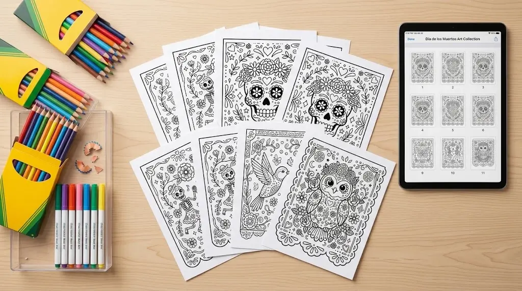 Etsy Day of the Dead Coloring Pages printable PDF mockup with sugar skull, hummingbird, and owl designs