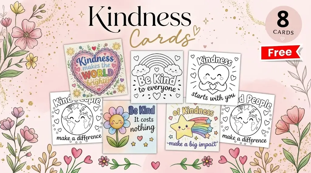 Grid layout of 8 Free Kindness Cards featuring motivational line-art quotes for kids