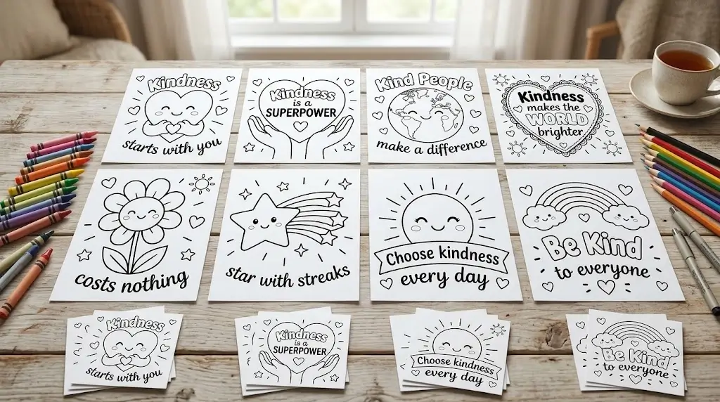 Preschool students showing completed Free Kindness Cards in a classroom activity