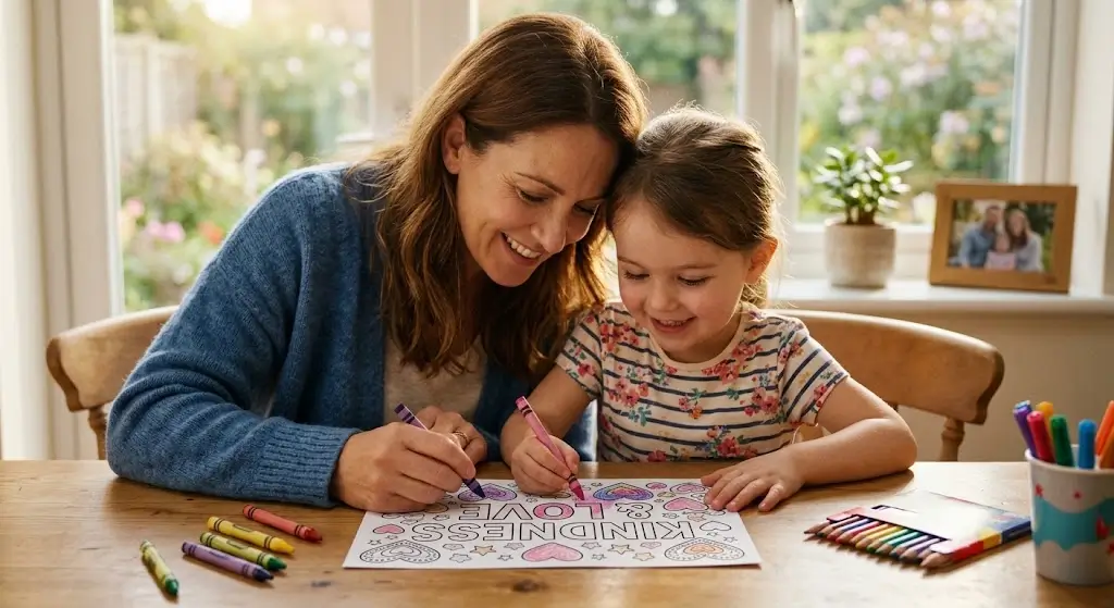 Mother and daughter coloring Free Kindness Cards for emotional family support