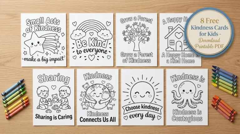 8 Free Kindness Cards printable set displayed on a wooden desk with crayons