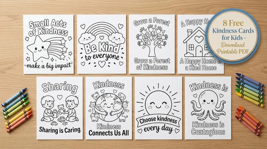 8 Free Kindness Cards printable set displayed on a wooden desk with crayons