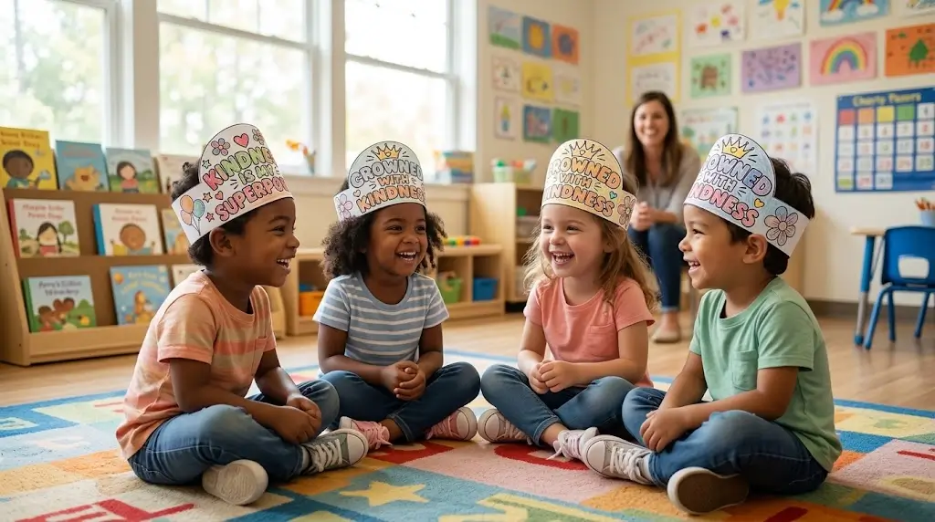 Close-up of a preschooler using safety scissors to cut a printable paper crown template during a kindness day activity for preschool.