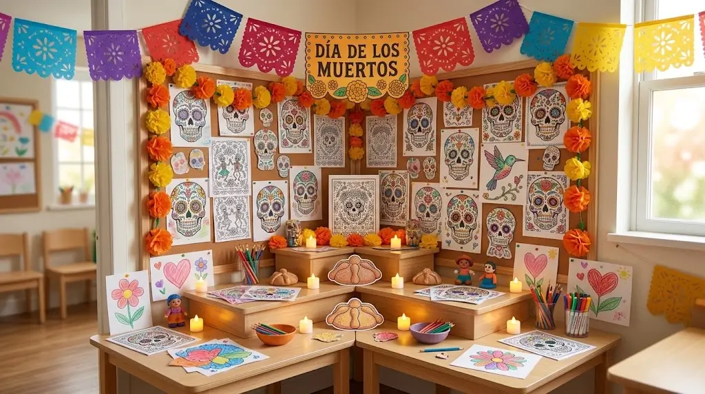 Student-led classroom ofrenda with Day of the Dead Coloring Pages, paper marigolds, and papel picado from collaborative bulletin board crafts for kids
