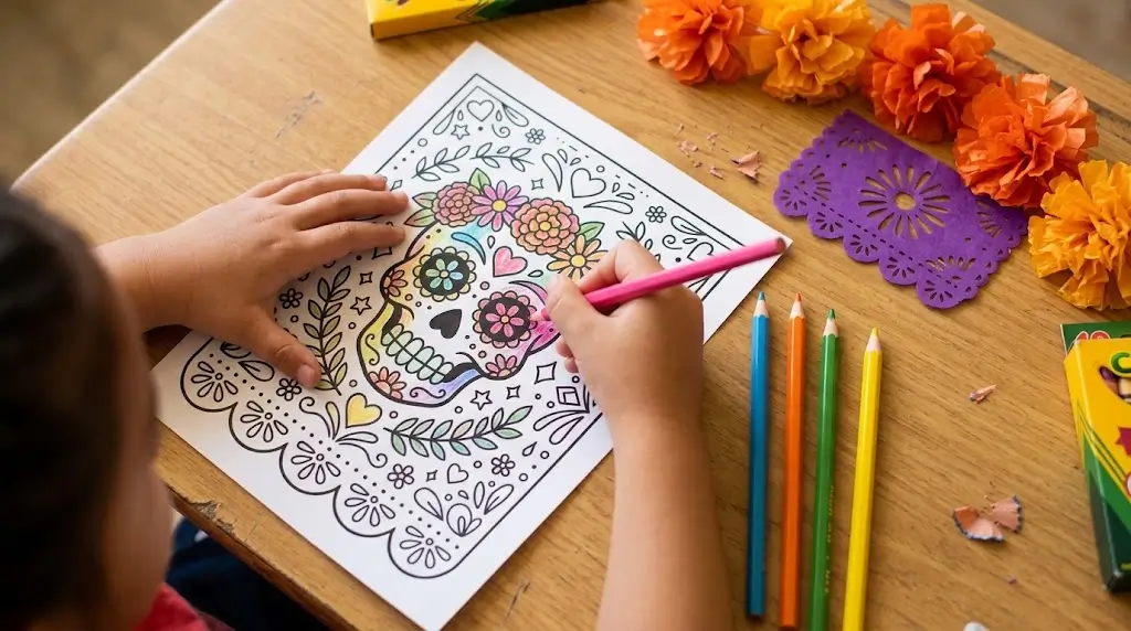 Student coloring Day of the Dead Coloring Pages with sugar skull and marigold designs at a classroom desk